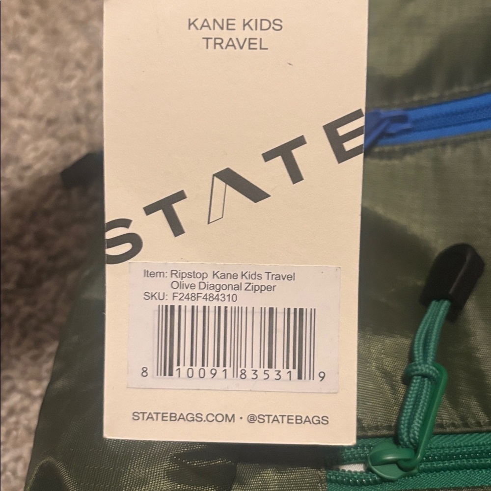 NWT State Ripstop Kane Kids Travel Olive Diagonal Zipper Backpack - Picture 7 of 7